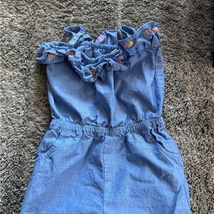 Janie and Jack Blue Ruffled Romper with Embroidery